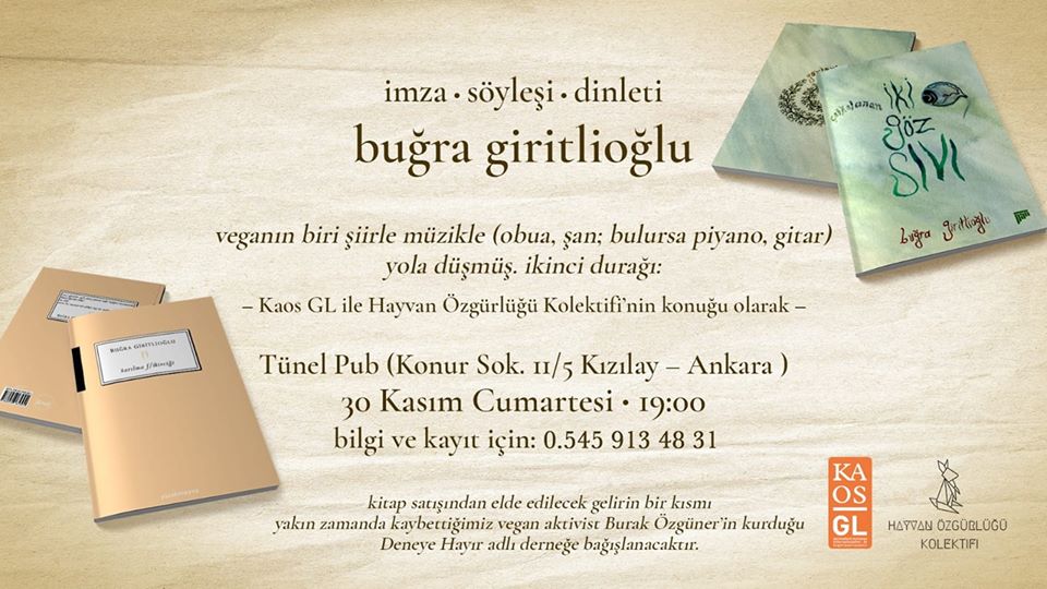 Buğra Giritlioğlu ile Vegan Şiir Gecesi yarın Ankara’da! Kaos GL - LGBTİ+ Haber Portalı