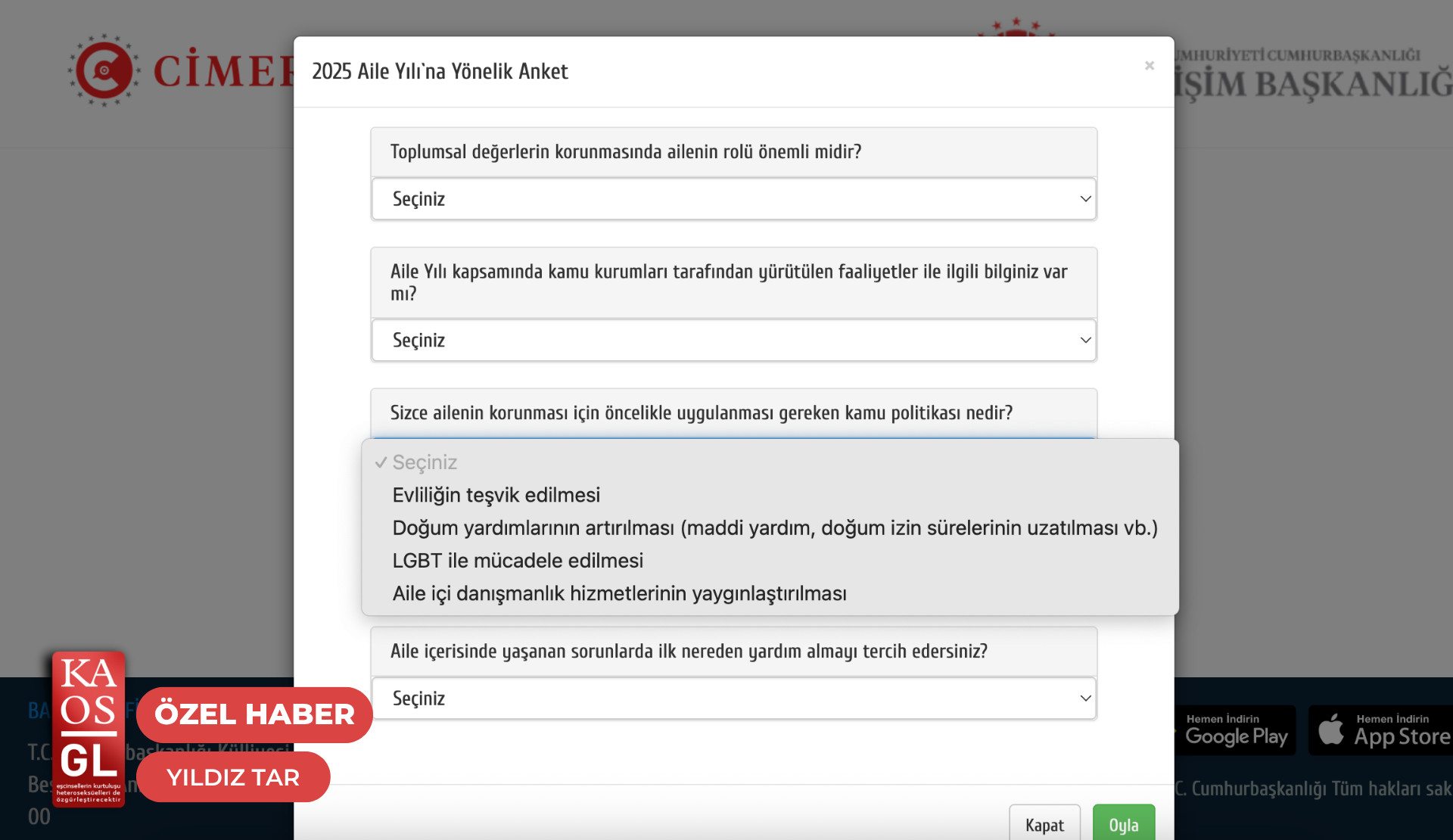 CİMER’in “Aile Yılı” anketinde ailenin korunması için “LGBT ile mücadele” seçeneği! Kaos GL - LGBTİ+ Haber Portalı