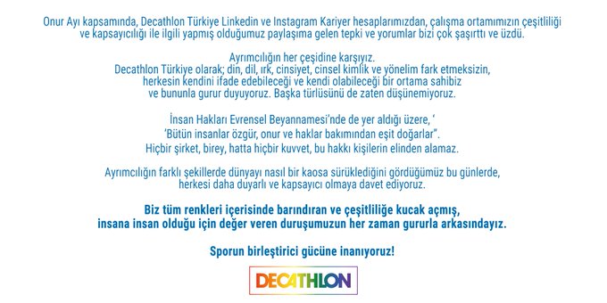 Decathlon Türkiye’den nefrete yanıt: Sporun birleştirici gücüne inanıyoruz! Kaos GL - LGBTİ+ Haber Portalı