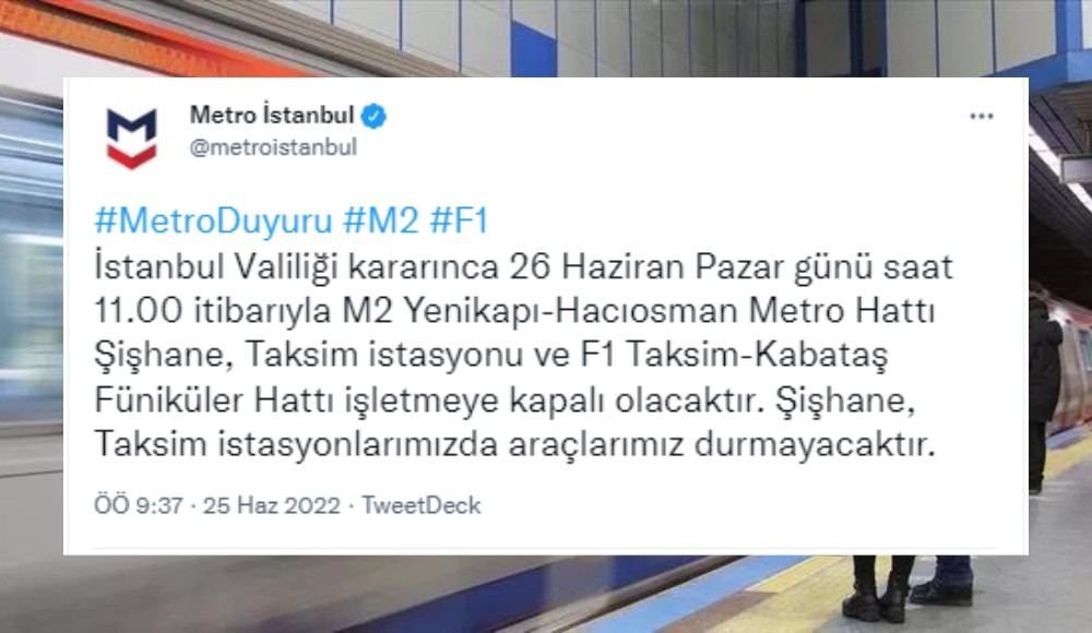 İstanbul Valiliği Onur Yürüyüşü günü bazı metro duraklarını kapatma kararı aldı Kaos GL - LGBTİ+ Haber Portalı