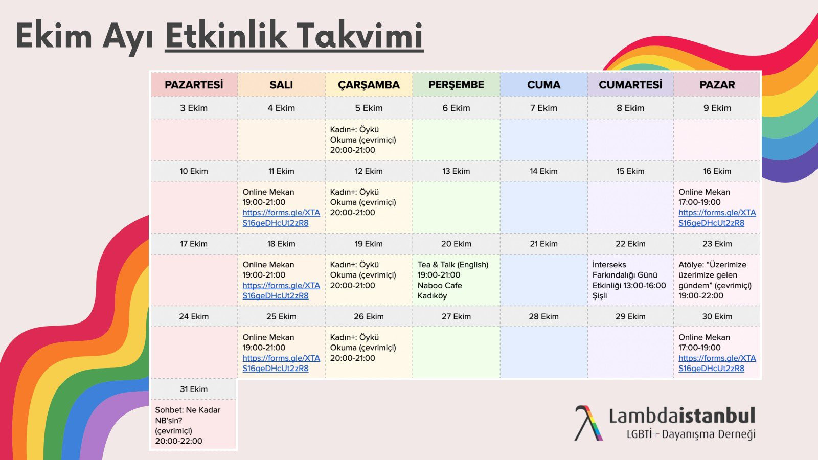 Lambdaistanbul’un Ekim etkinlikleri katılımcılarını bekliyor Kaos GL - LGBTİ+ Haber Portalı