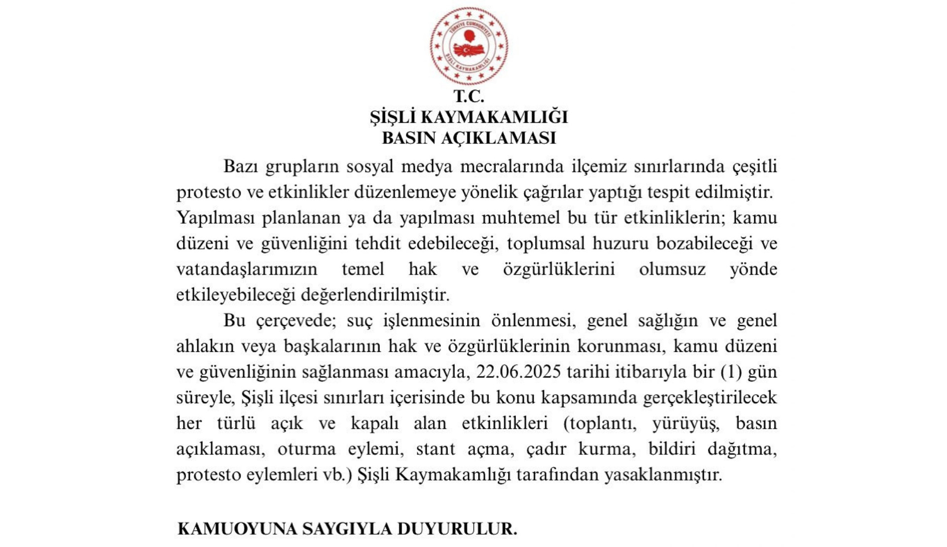Şişli Kaymakamlığı, ilçedeki açık ve kapalı alan etkinliklerini yasakladı Kaos GL - LGBTİ+ Haber Portalı