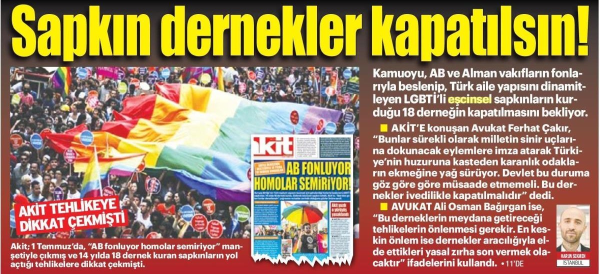 Yeni Akit’in hedefinde LGBTİ dernekleri var Kaos GL - LGBTİ+ Haber Portalı